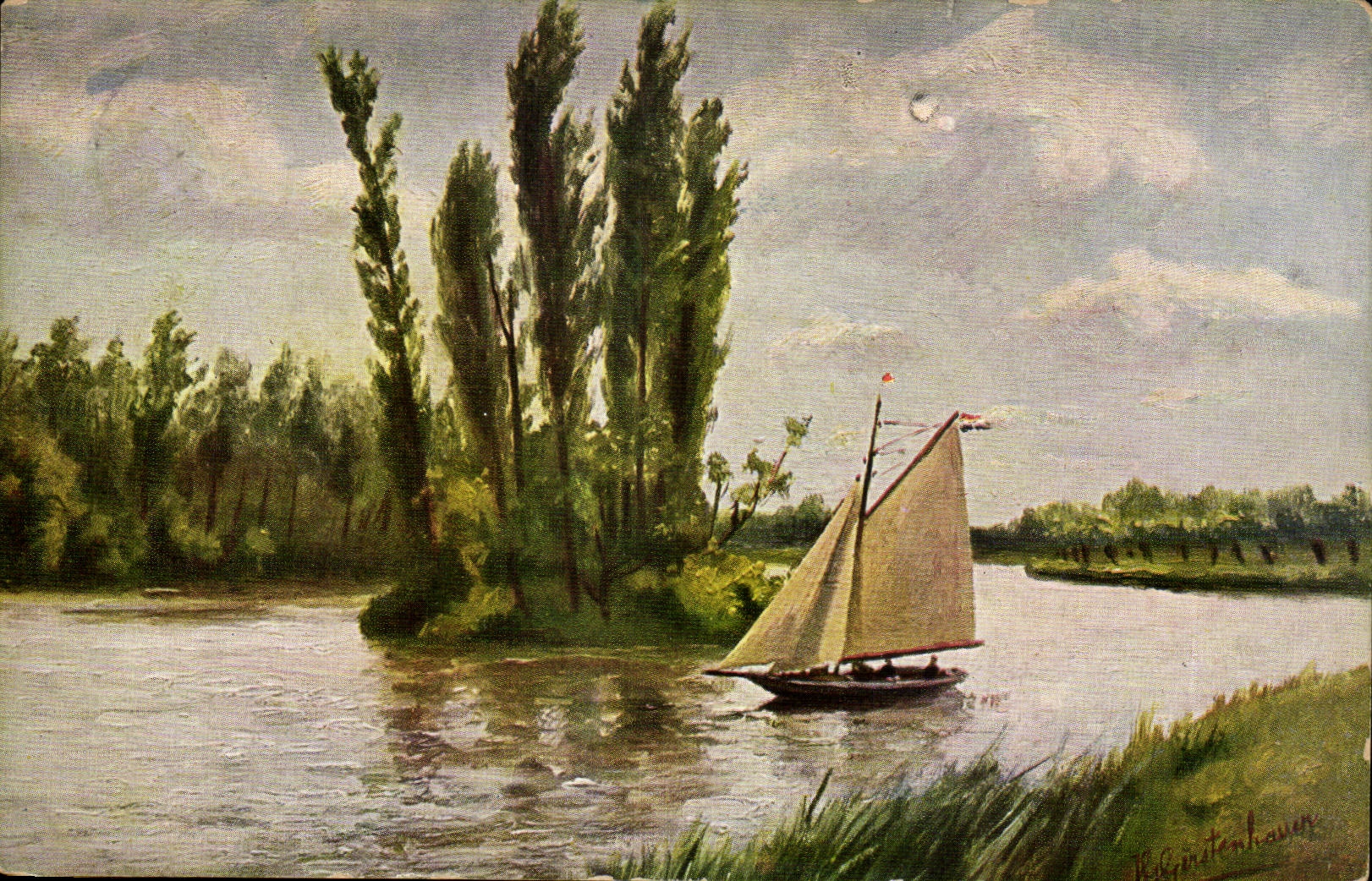 Bateau à voile sur un fleuve — peinture — H. Kuhmittenhauer