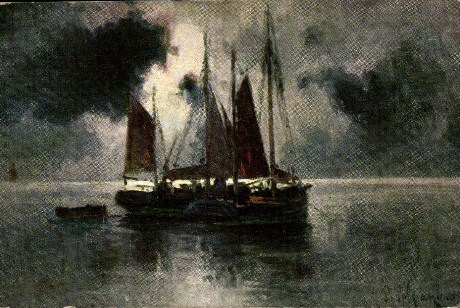Bateau à voiles — nuit sous nuages — P. Polyanjeur, série 434