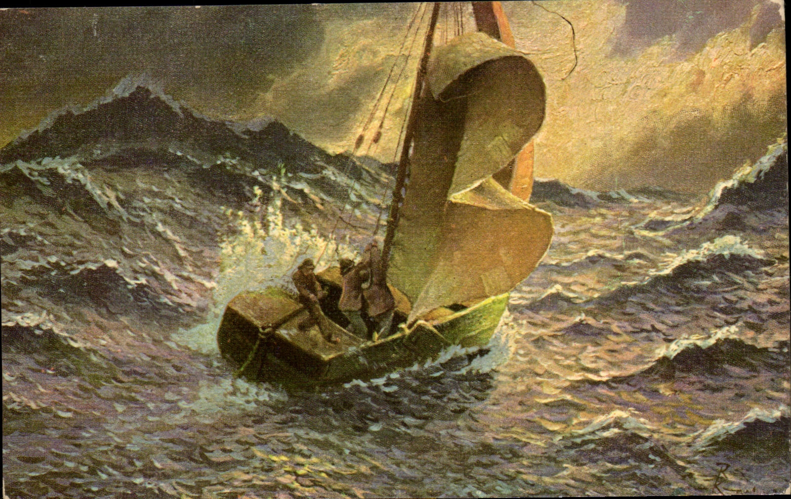 Bateau en mer agitée — peinture — éditeur CPAPHIL, n° 4009
