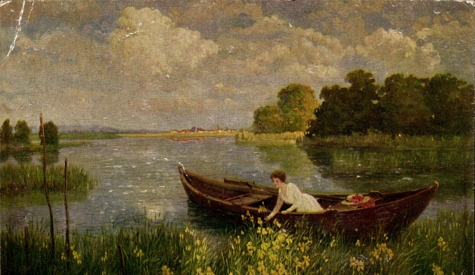 Femme dans un bateau sur un lac — paysage avec fleurs jaunes — éditeur C. Kräbs, n° 6068