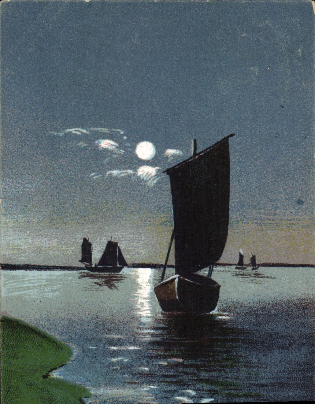 Scène nocturne avec voiliers — éditeur IMPORT, n° de série non visible