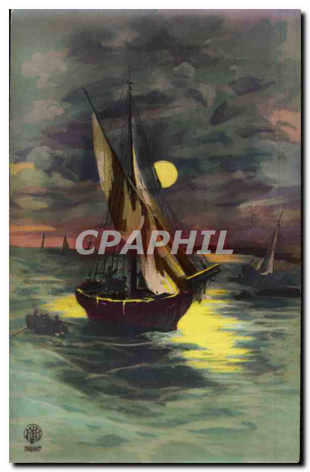Schiff unter dem Mond — nächtliche maritime Szene — Verlag J. B. L. (Logo sichtbar unten links)