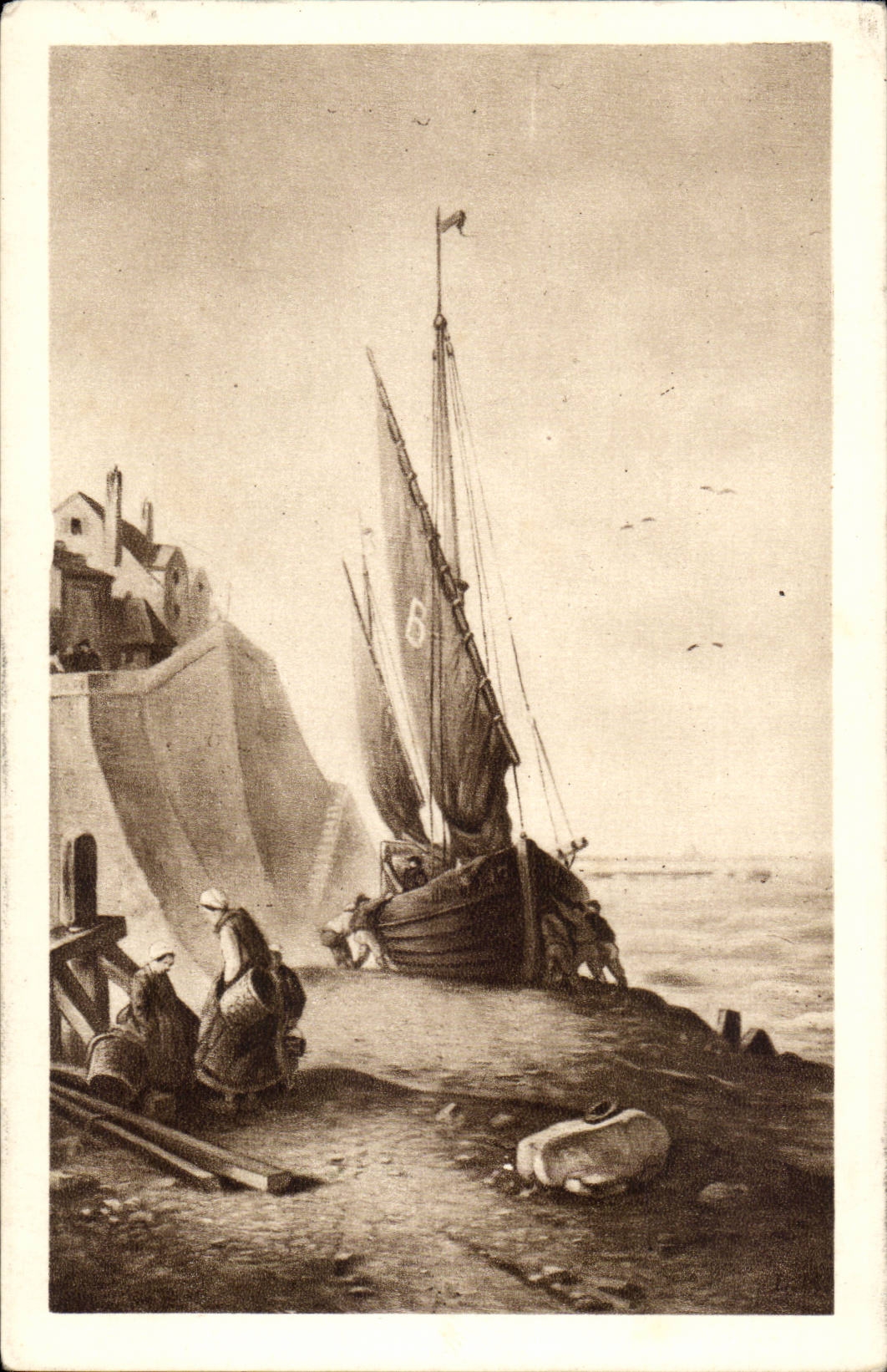 Scène portuaire — bateau à voile au quai — éditeur non identifié