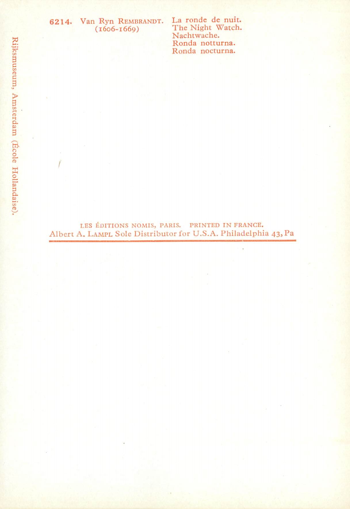 CPA Van Ryan Rembrandt La ronde de nuit — Verso