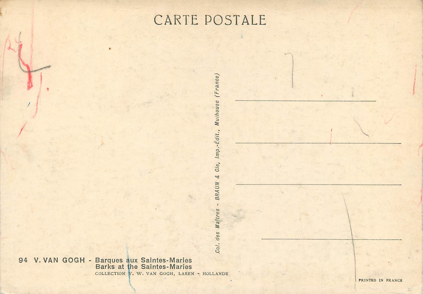 CPA Vincent Van Gogh Barques aux Saintes Maries — Verso