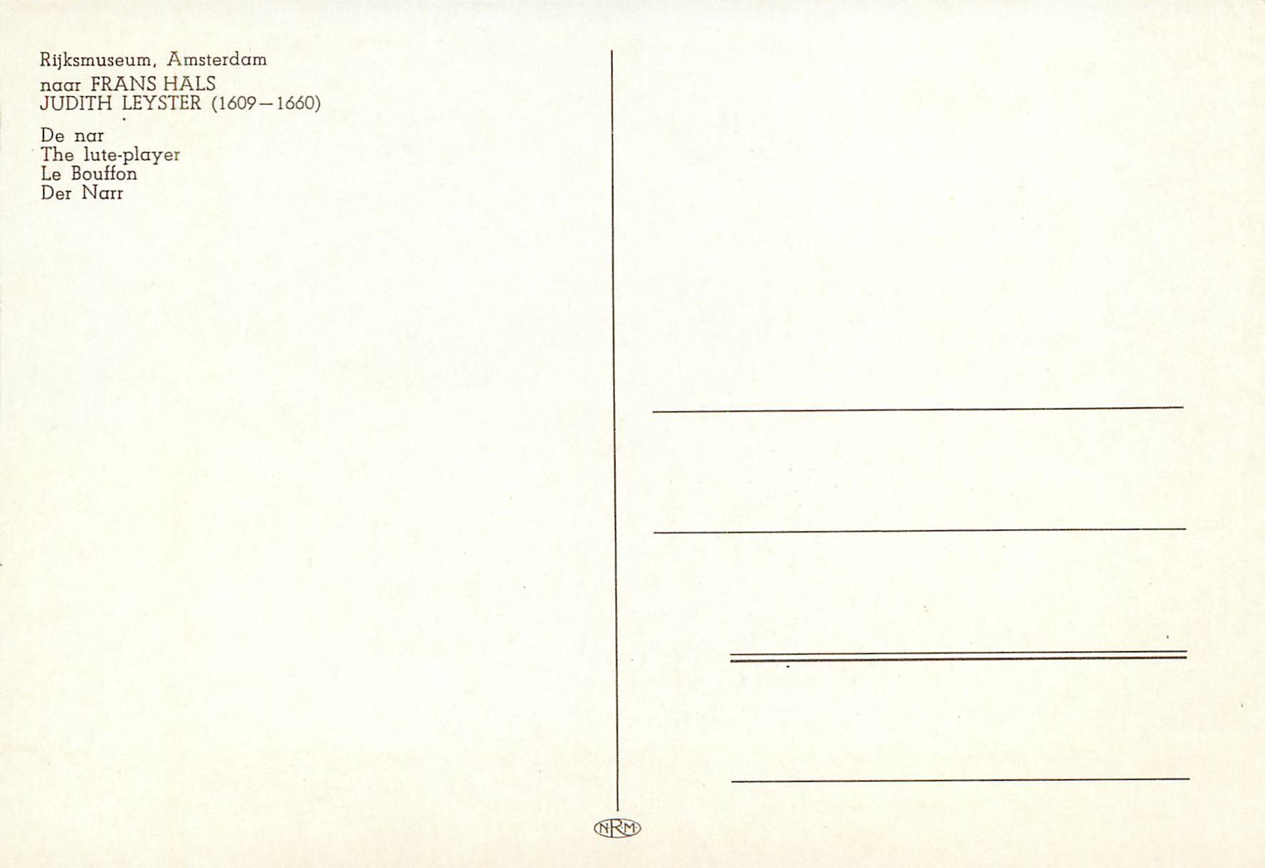 CPA Rijksmuseum Amsterdam naar Frans Hals Judith Leyster The Jute player — Verso
