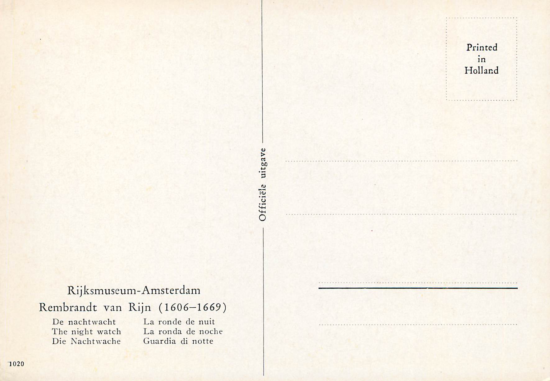 CPM Rijksmuseum Amsterdam Rembrandt van Rijn La ronde de nuit — Verso
