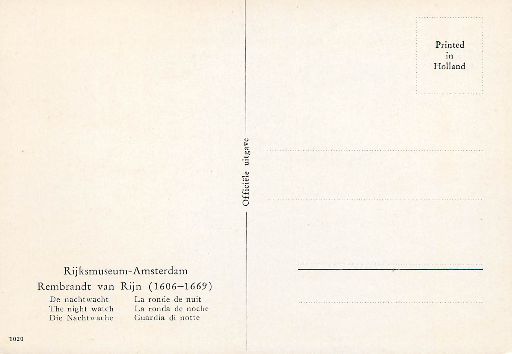 CPM Rijksmuseum Amsterdam Rembrandt van Rijn La ronde de nuit — Verso