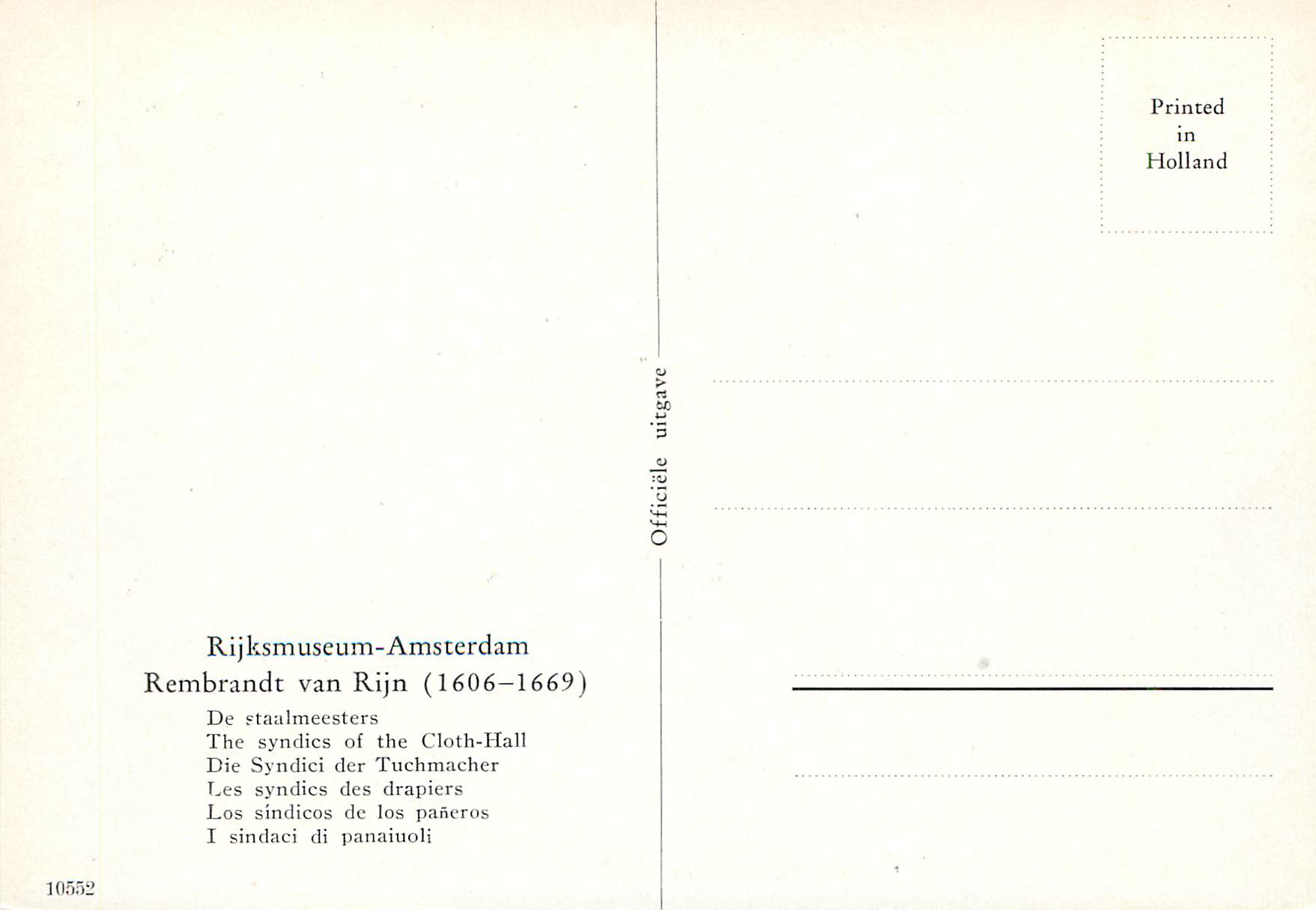 CPM Rijksmuseum Amsterdam Rembrandt van Rijn Les syndics des drapiers — Verso