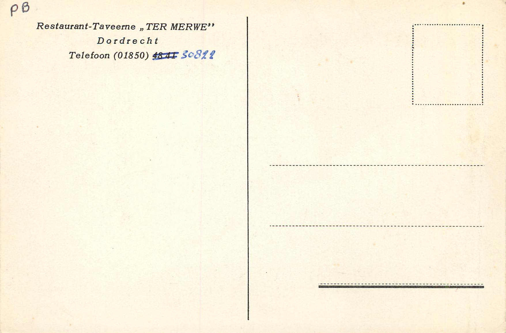 CPM Restaurant Taveerne Ter Merwe Dordrecht — Verso