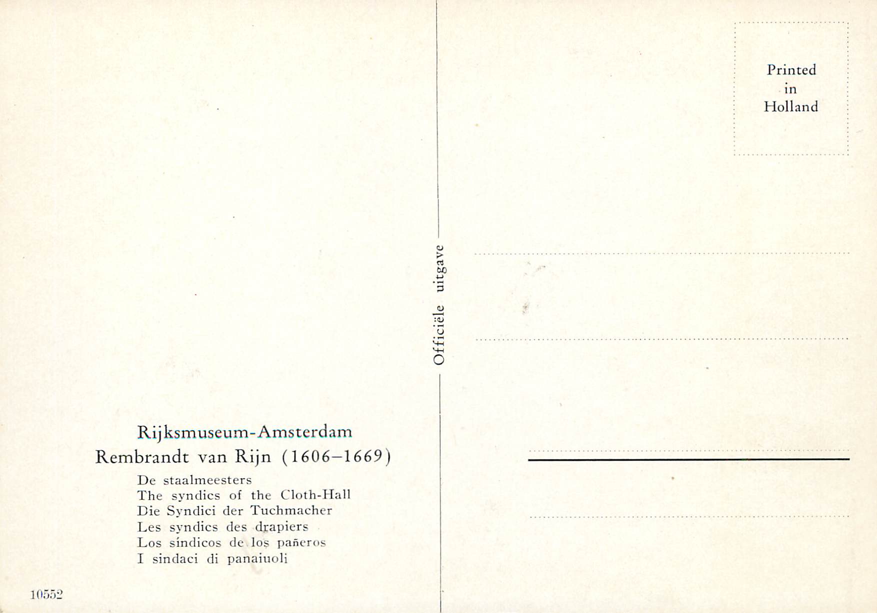 CPM Rijksmuseum Amsterdam Rembrandt van Rijn The Syndics of the Cloth Hall — Verso