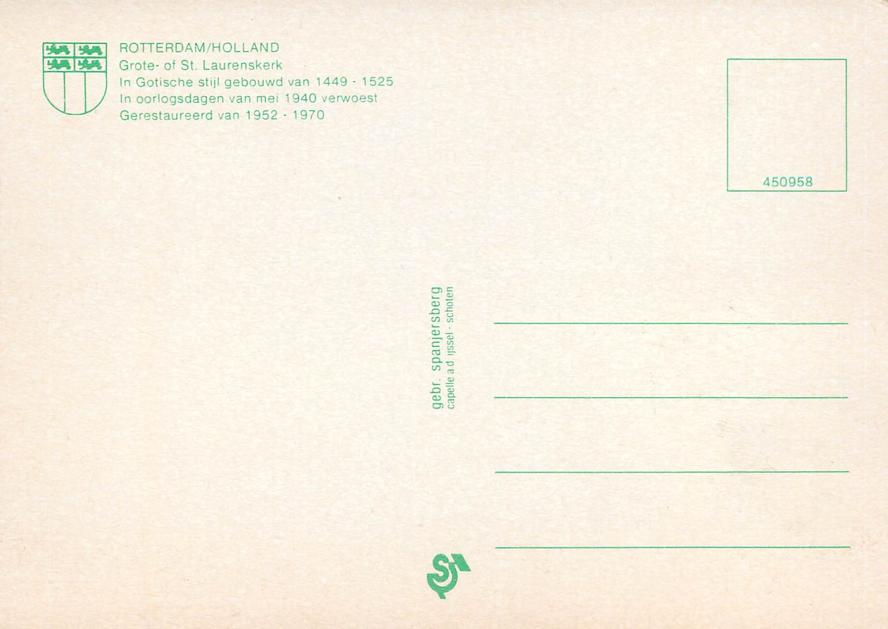 CPM Rotterdam Holland Grote of St Laurenskerk — Back