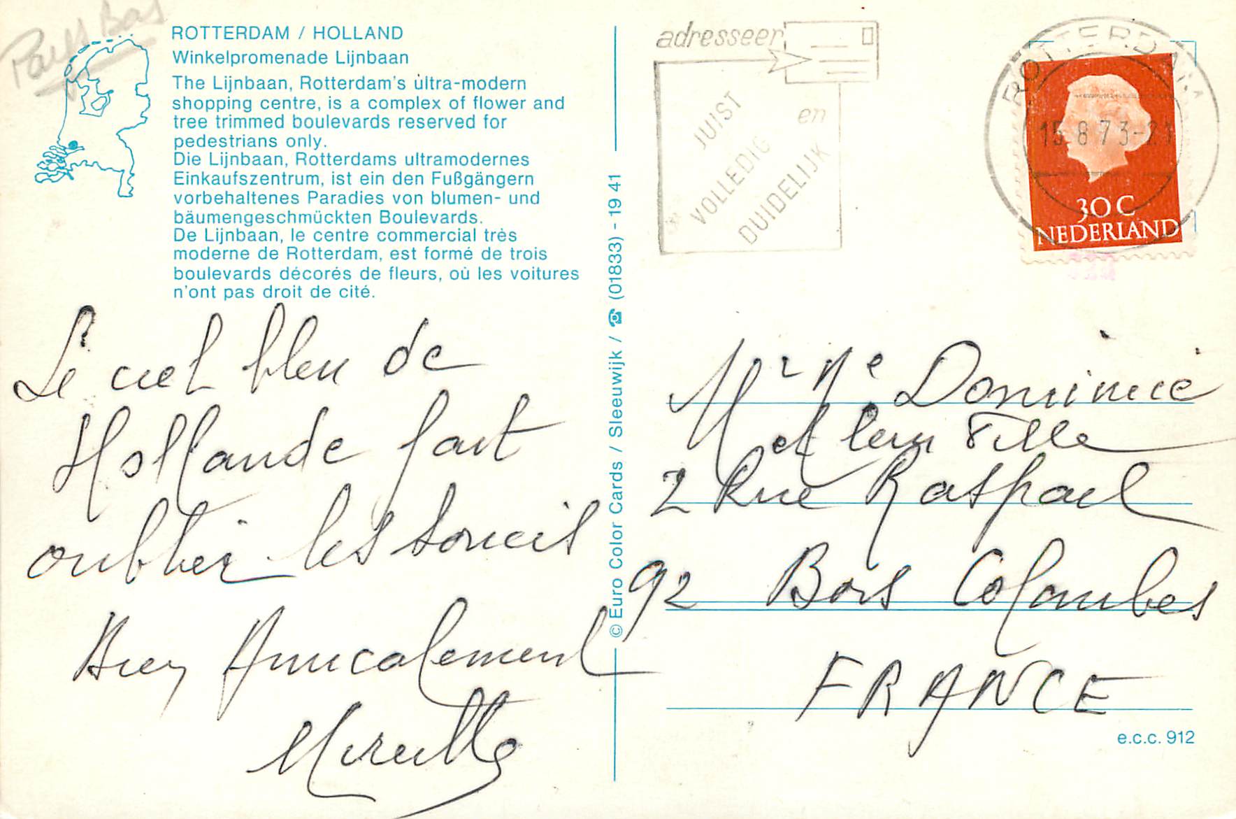 Rotterdam / Hollande — Lijnbaan — Euro Color Cards / (01833) — Achterkant