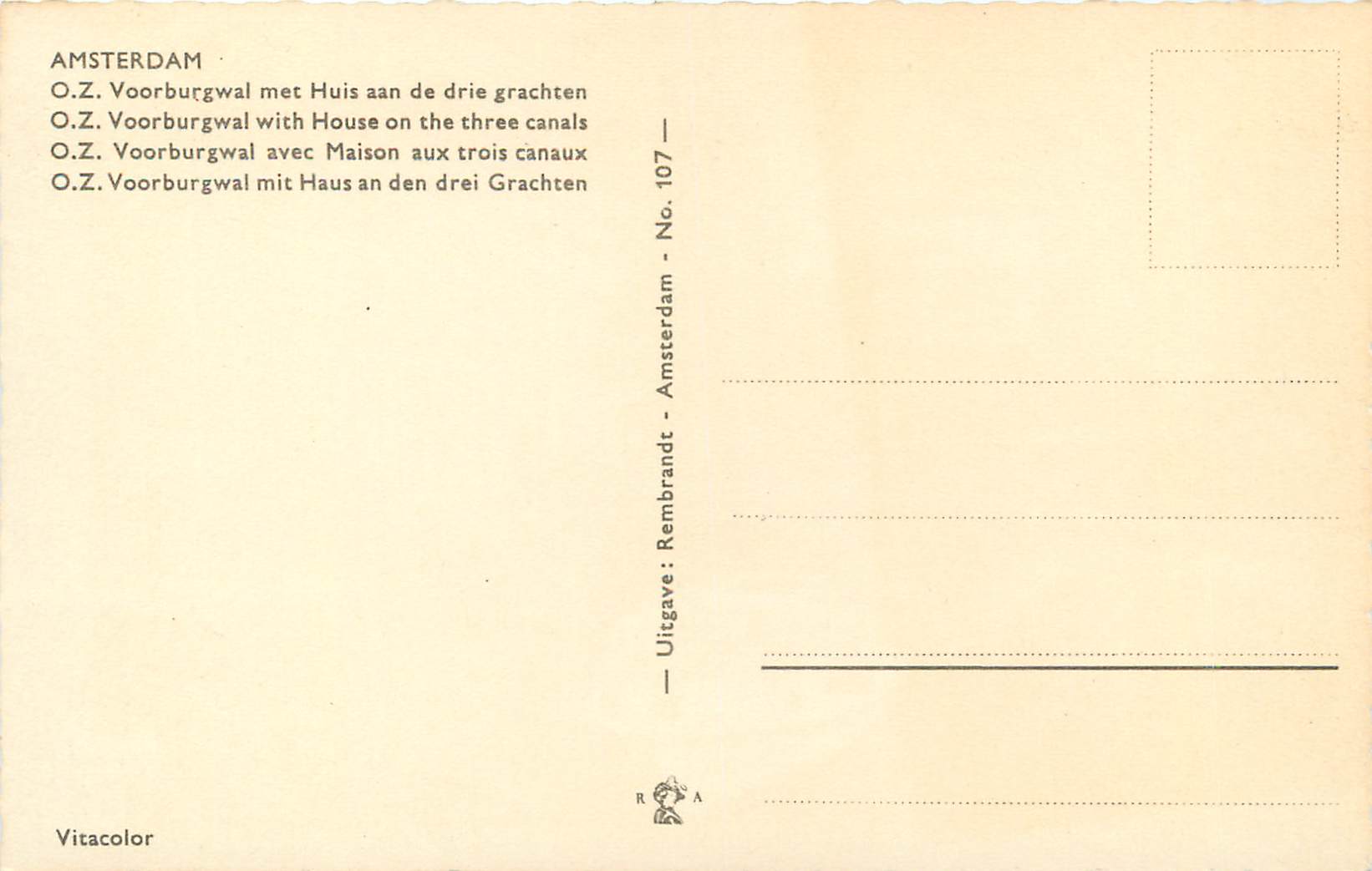 CPM Amsterdam O Z Voorburgwal avec Maison aux troix canaux — Rückseite
