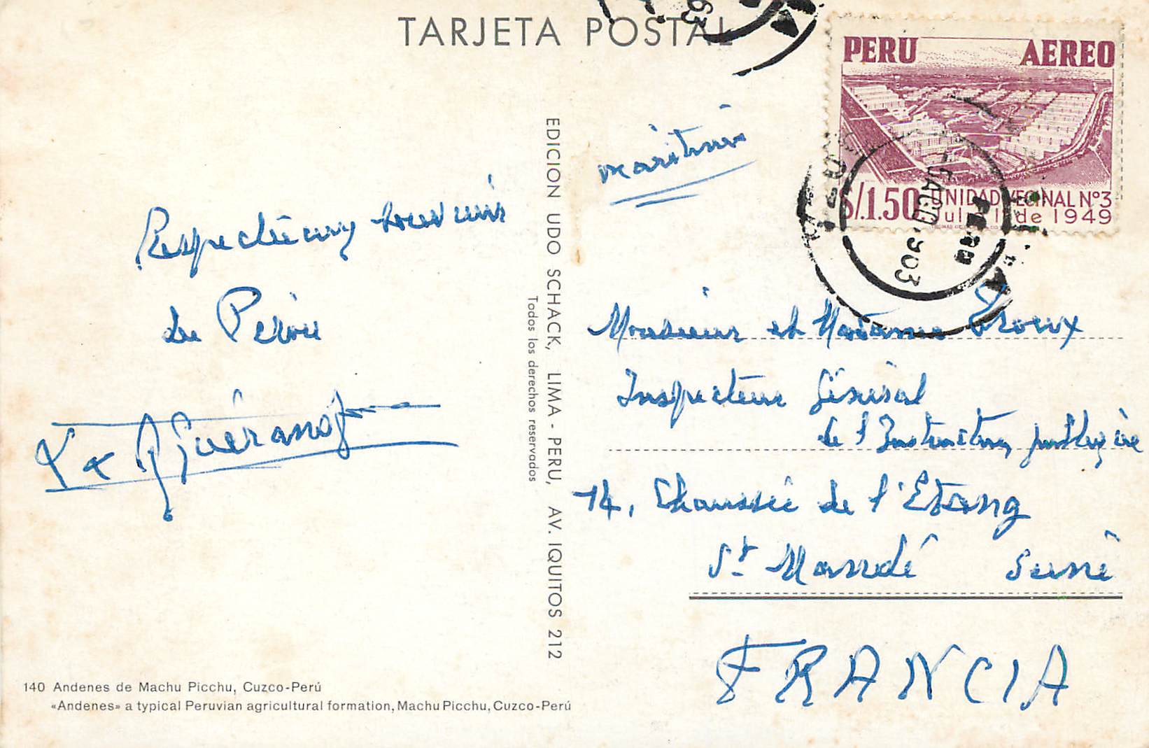 CPM Andanes de Machu Picchu Cuzco Peru — Rückseite