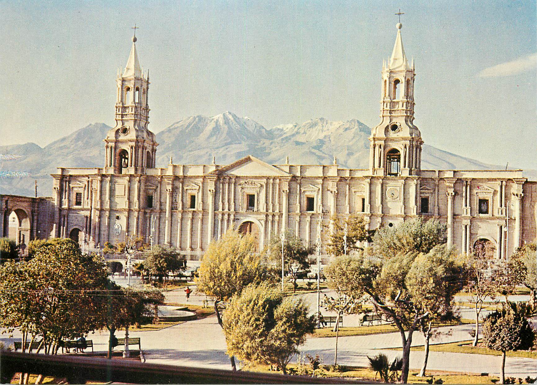 CPM The Man Square and the Cathedral in the background the chachani snow capped mountain Arequipa Peru