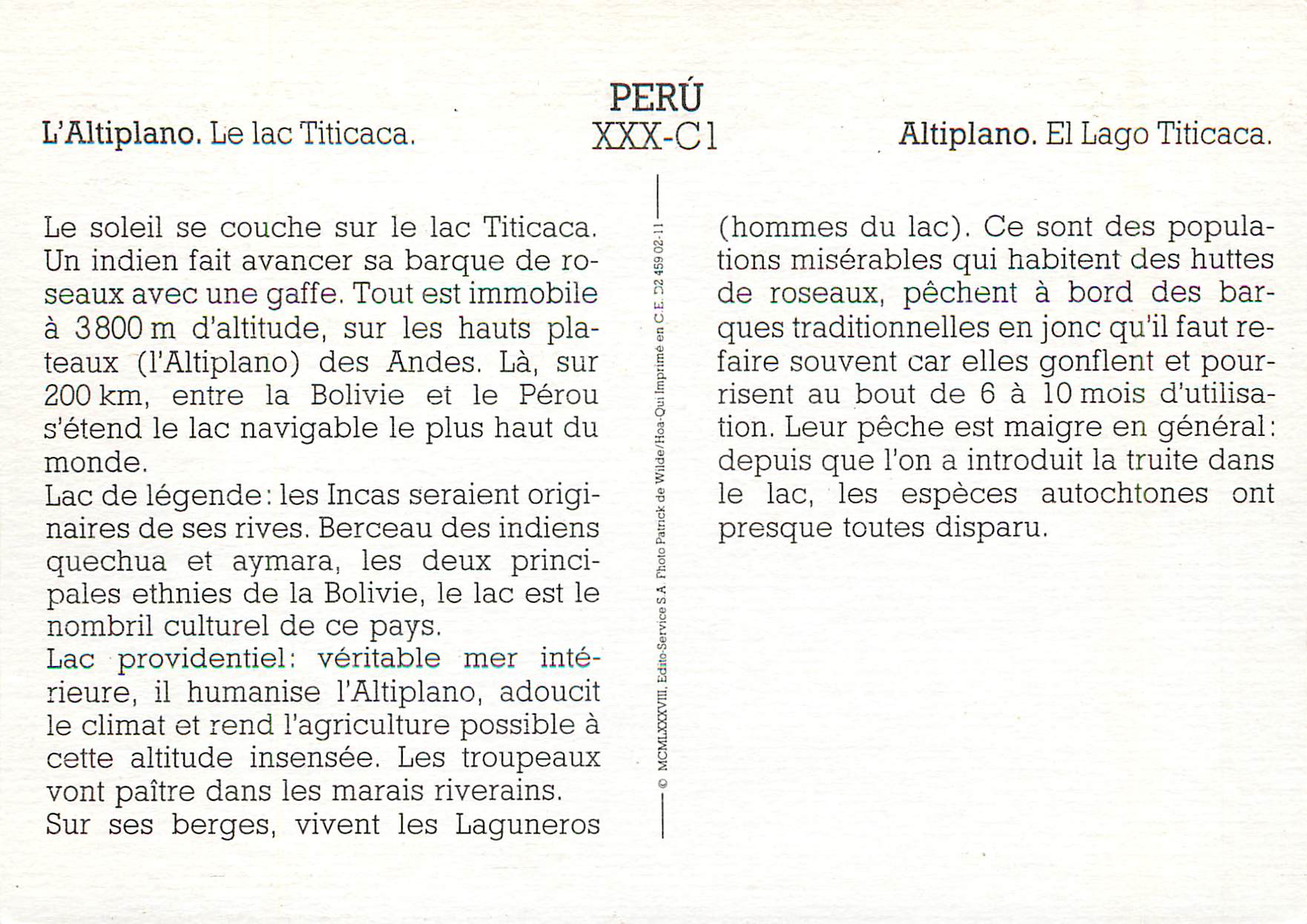 CPM L Altiplano Le lac Titicaca Peru — Rückseite