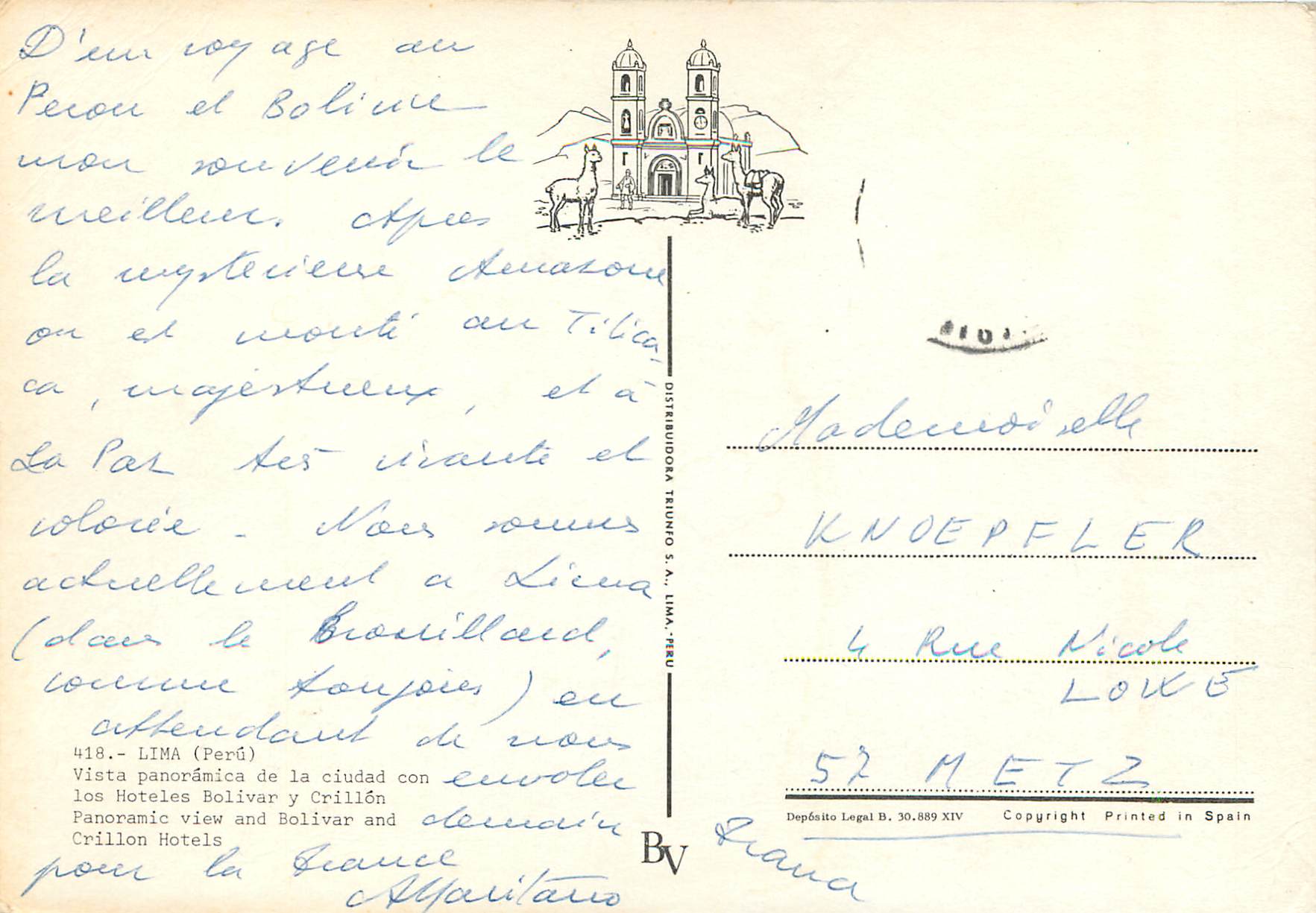 CPM Lima Panoramic view and Bolivar and Crillon Hotels — Rückseite
