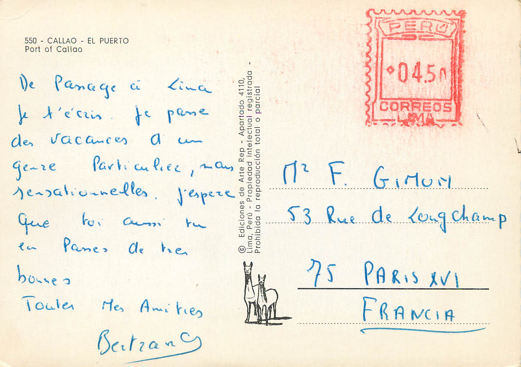 Hafen von Callao — Ansicht des Hafens mit mehreren Schiffen — Editions de Arte Rep, Lima — Rückseite
