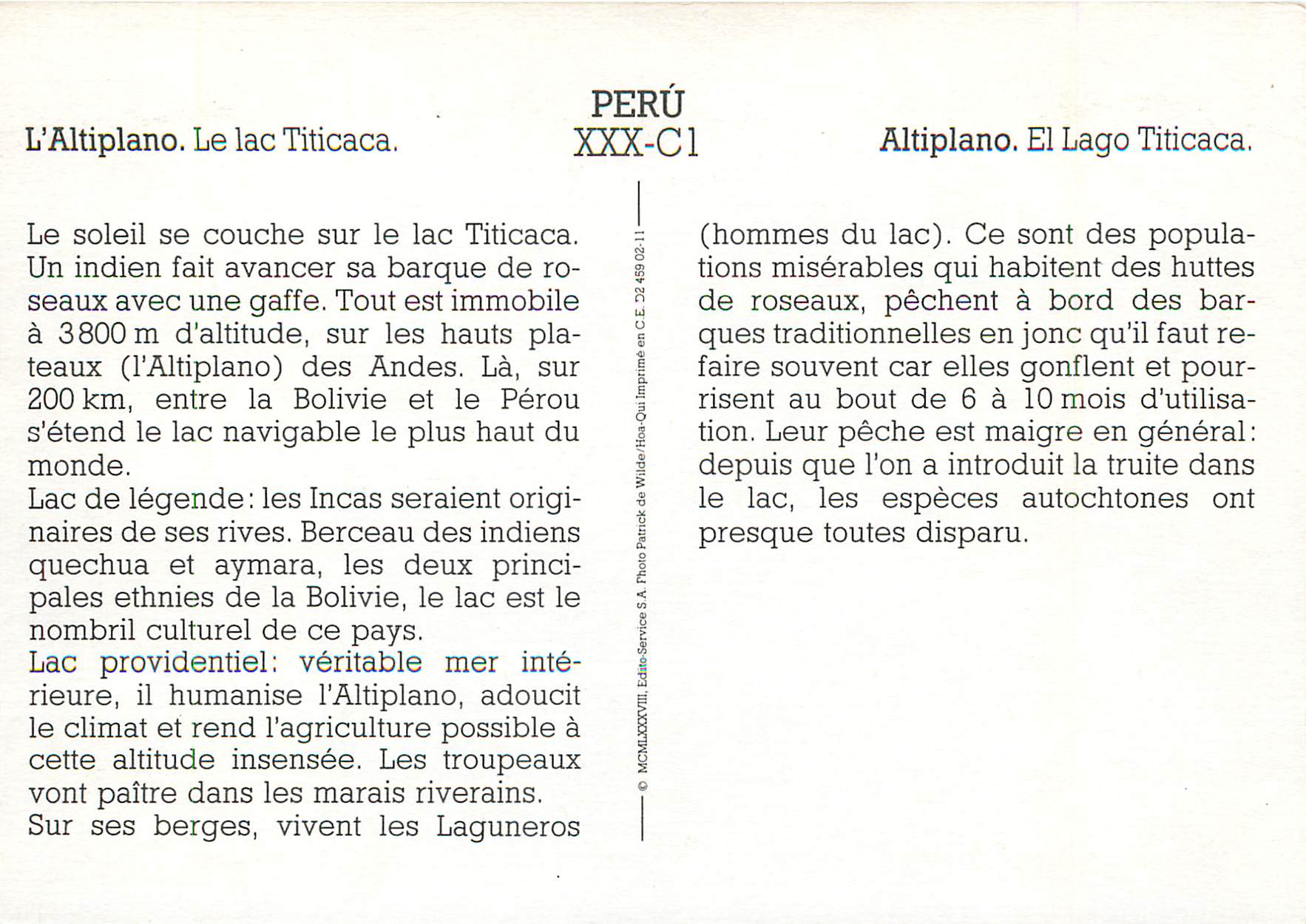 CPM L Altiplano Le Lac Titicaca Peru — Rückseite