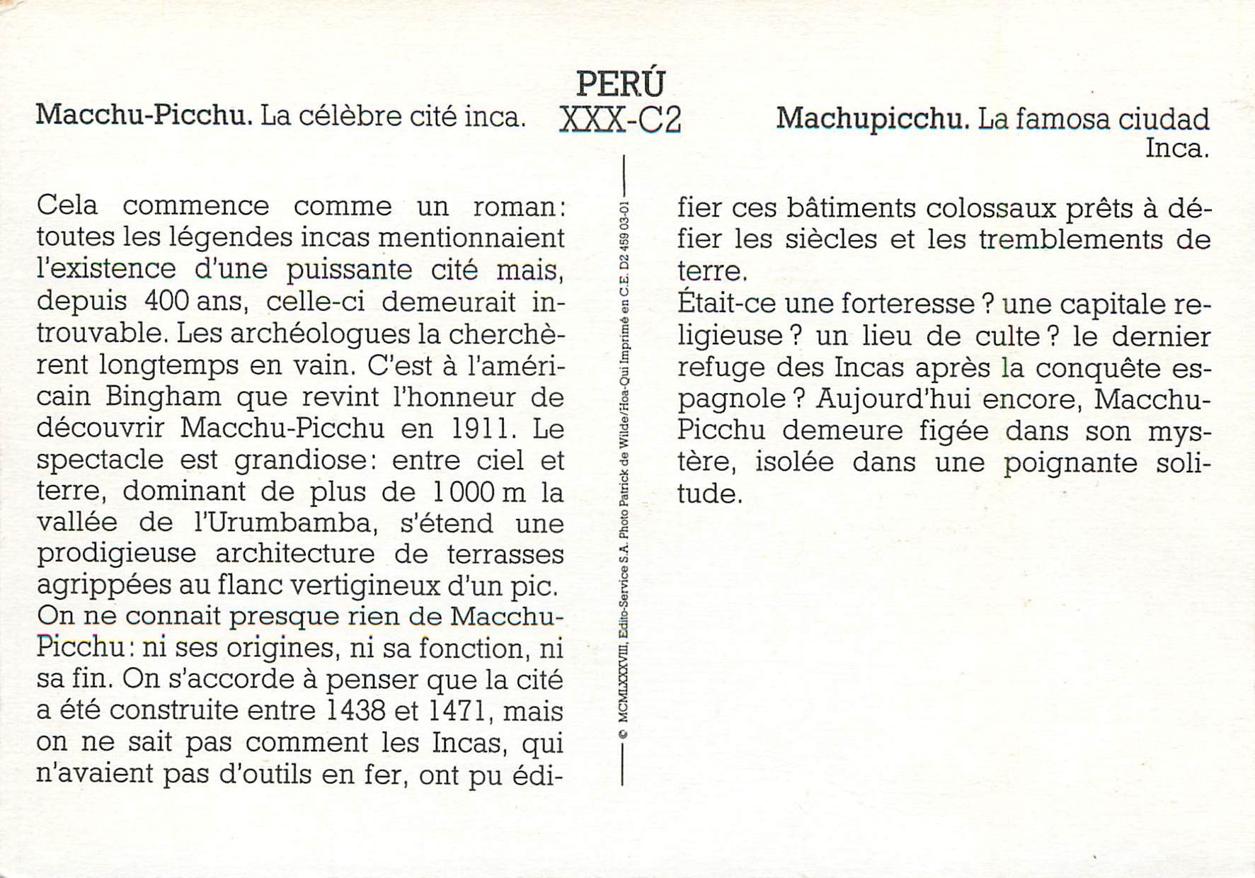 Macchu Picchu — cité inca perdue — Éditions Patrick de Wilde, série XXX-C2 — Rückseite