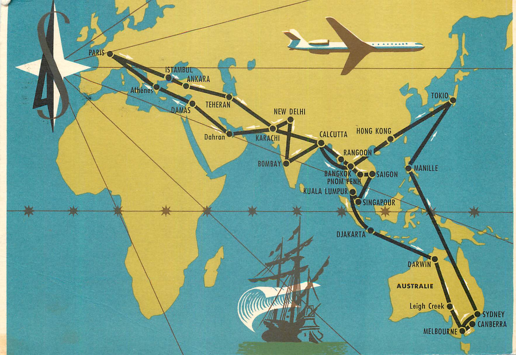 CPM Avril Mai 1962 Tour d amitie de la Caravelle premier bireacteur commercial sur les routes d Asie et d Oceanie Aviati