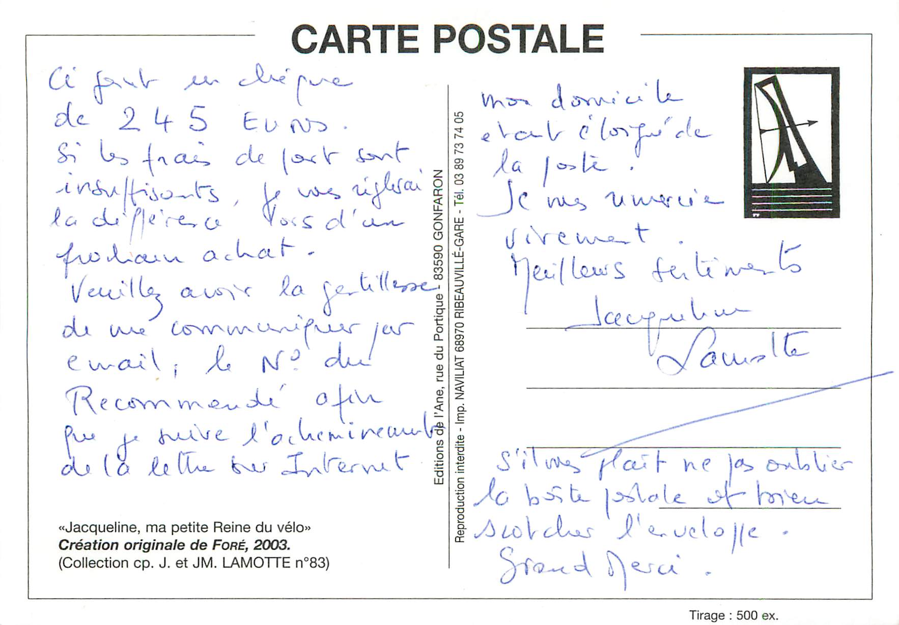 CPM Jaqueline ma petite Reine du velo Creation originale de Fore Velo Cycle — Rückseite
