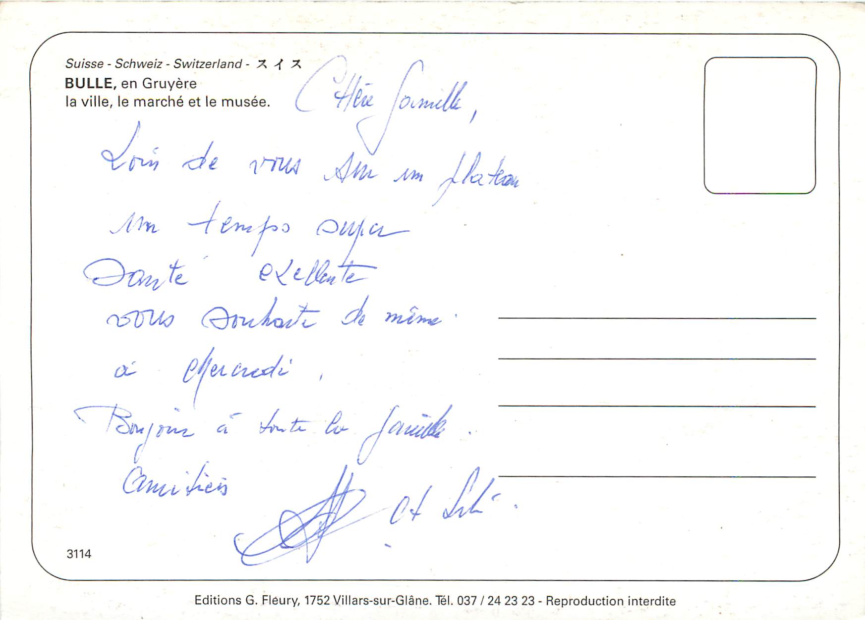 CPM Suisse Bulle en Gruyere la ville le marche et le musee — Verso