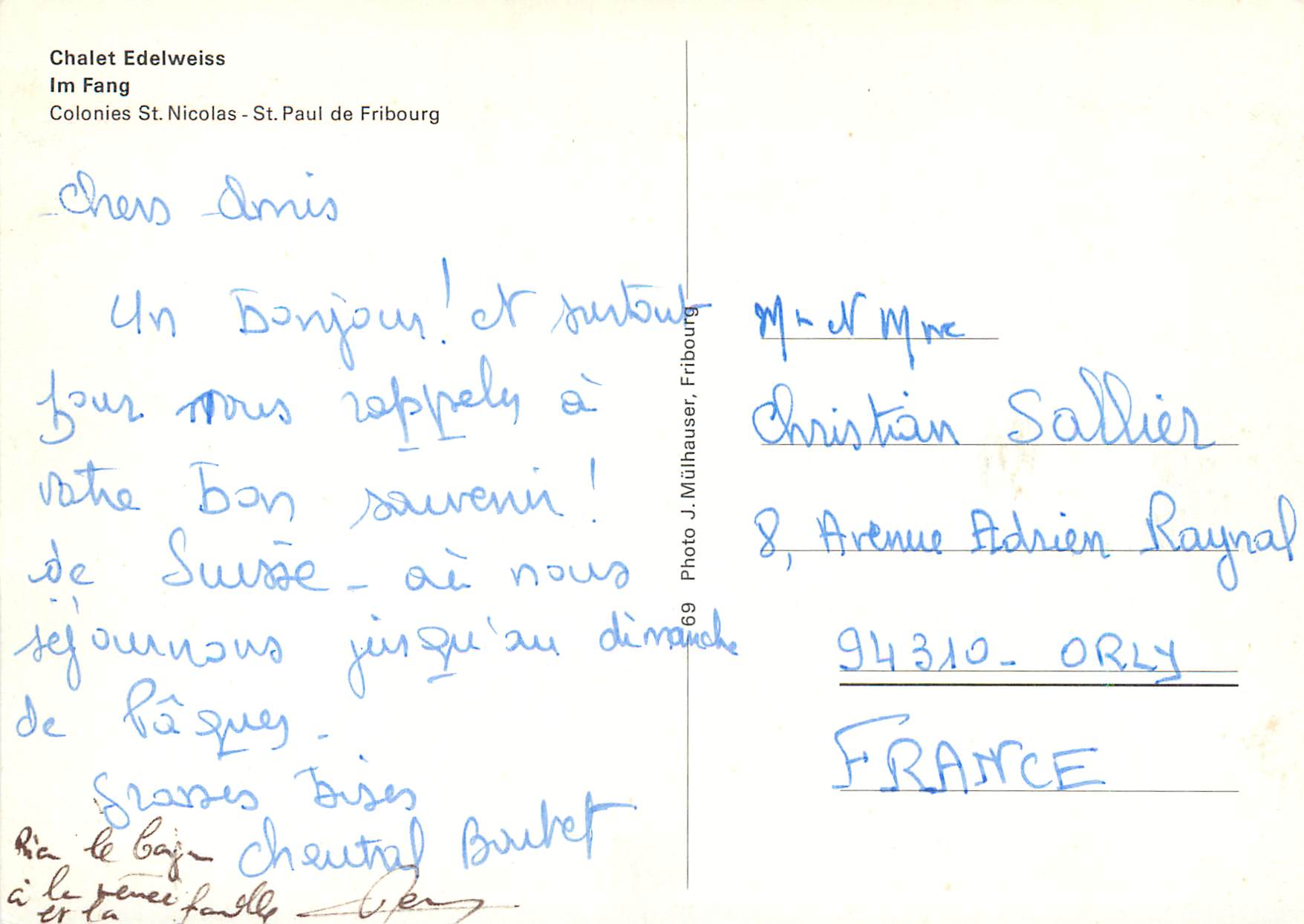 CPM Chalet Edelweiss Im Fang Colonies St Nicolas St Paul de Fribourg — Verso