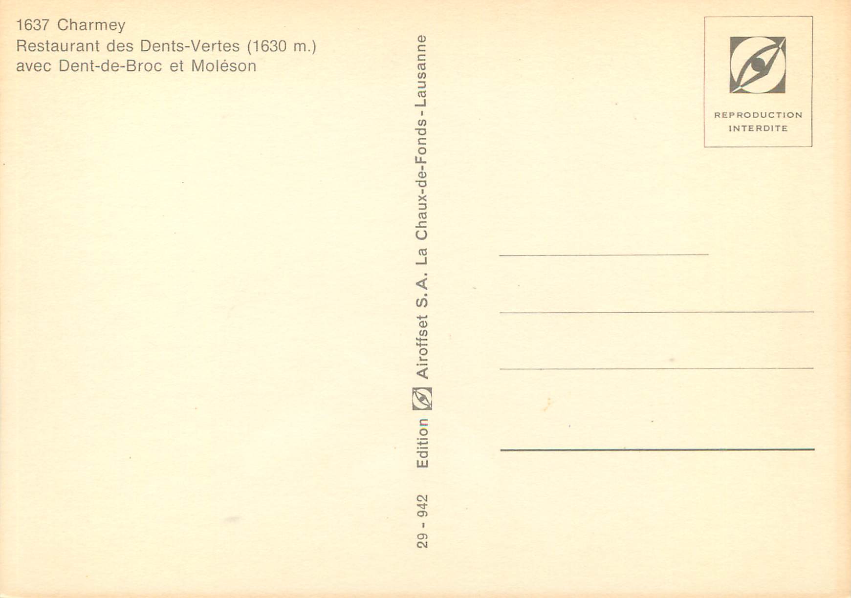 CPM Charmey Restaurant des Dents Vertes avec Dent de Broc et Moleson — Verso