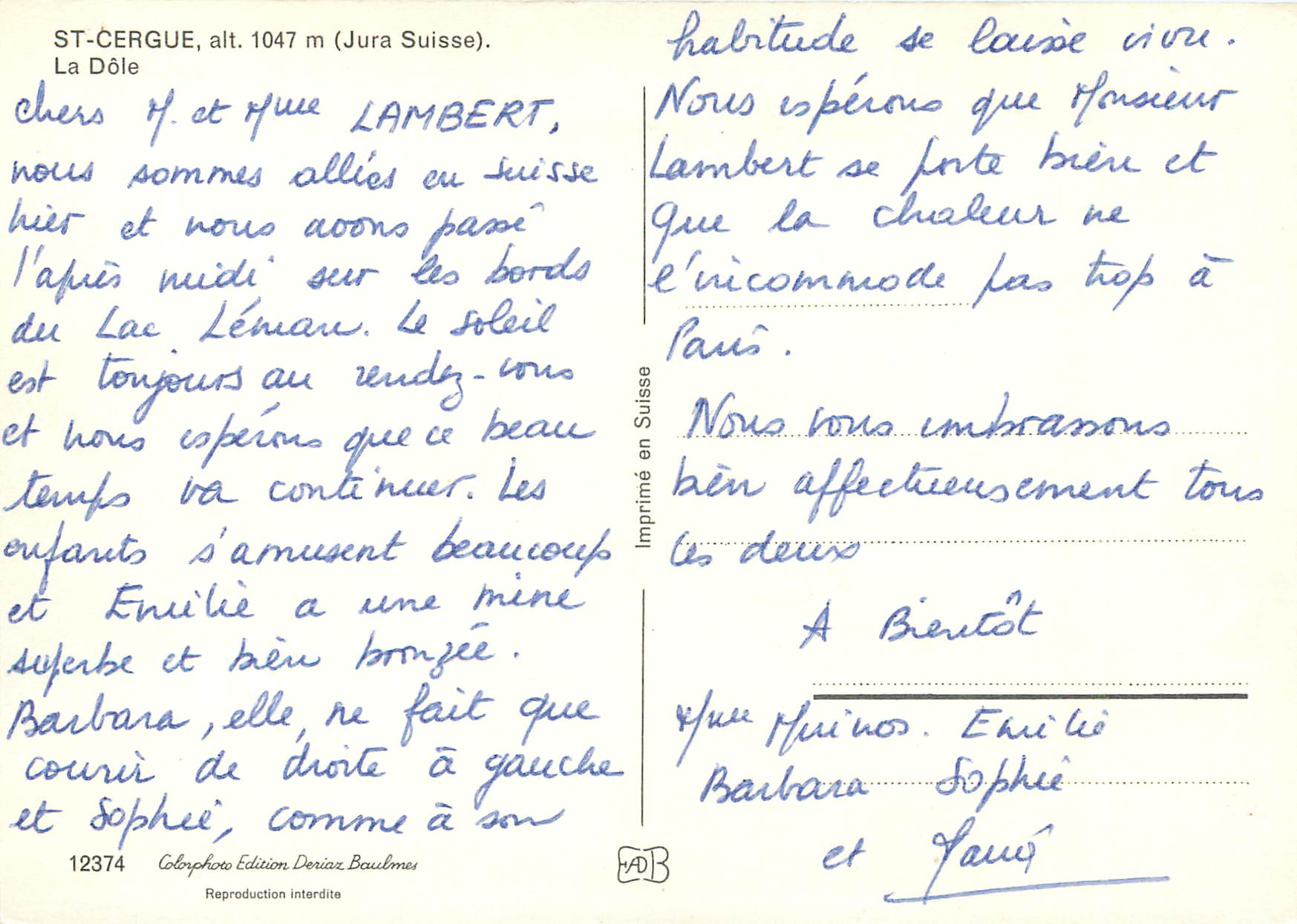 CPM St Cergue Jura Suisse Le Dole — Rückseite