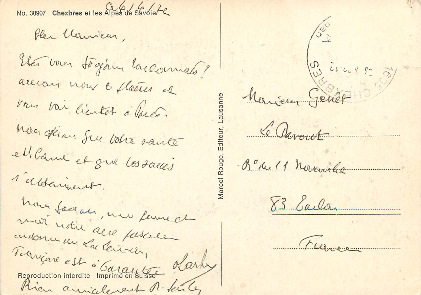 CPM Chexbres et les Alpes de Savoie — Rückseite