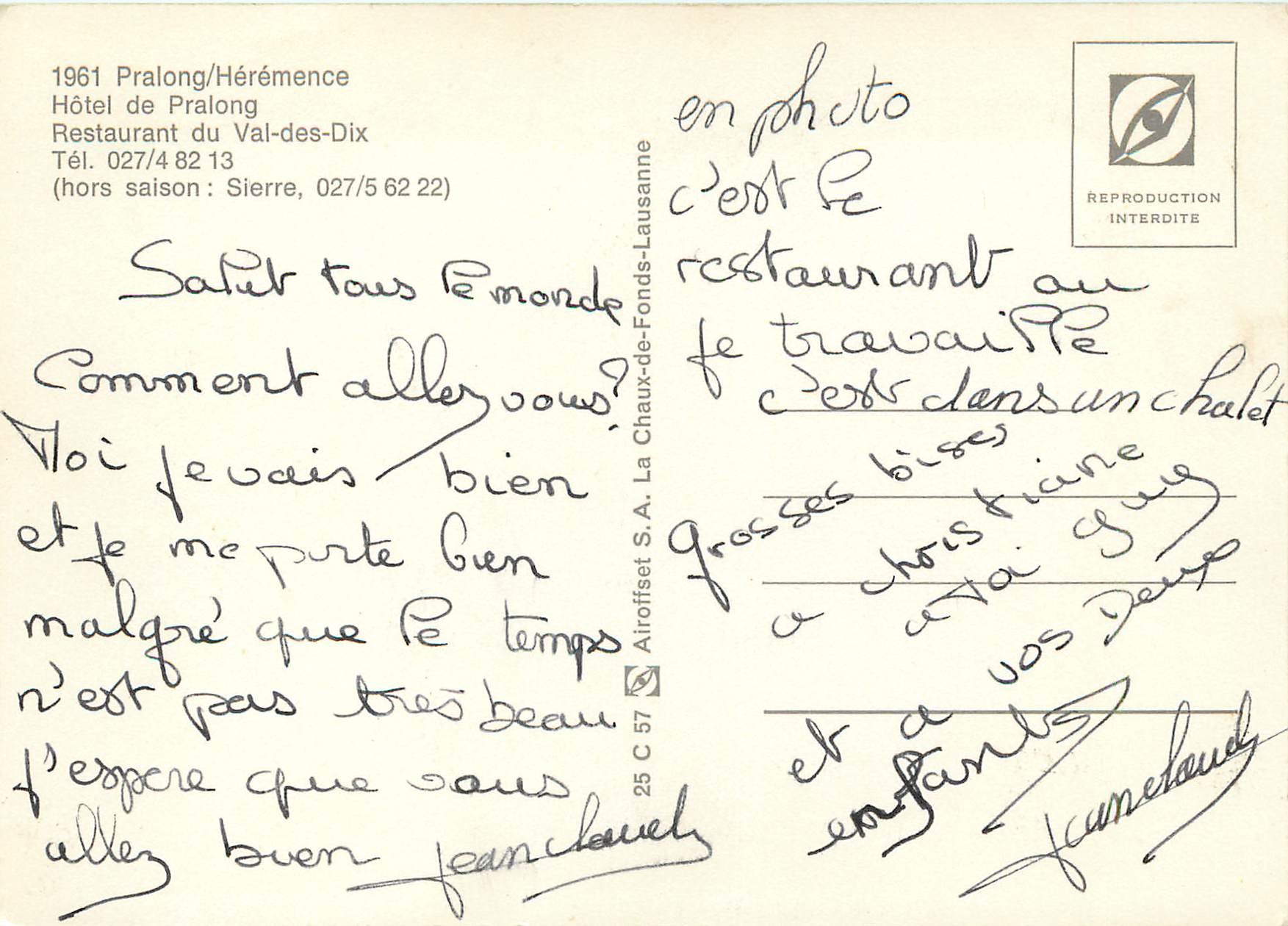 CPM Pralong Heremence Hotel de Pralong Restaurant du Val des Dix — Rückseite