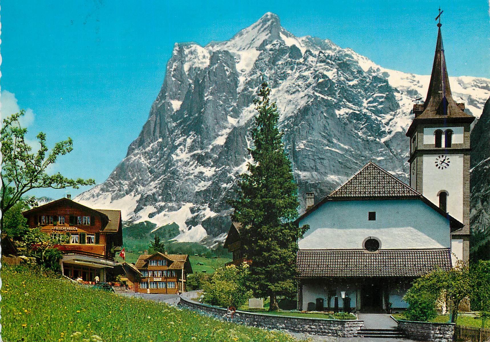 CPA Berner Oberland L eglise de Grindelwad et le Wetterhorn