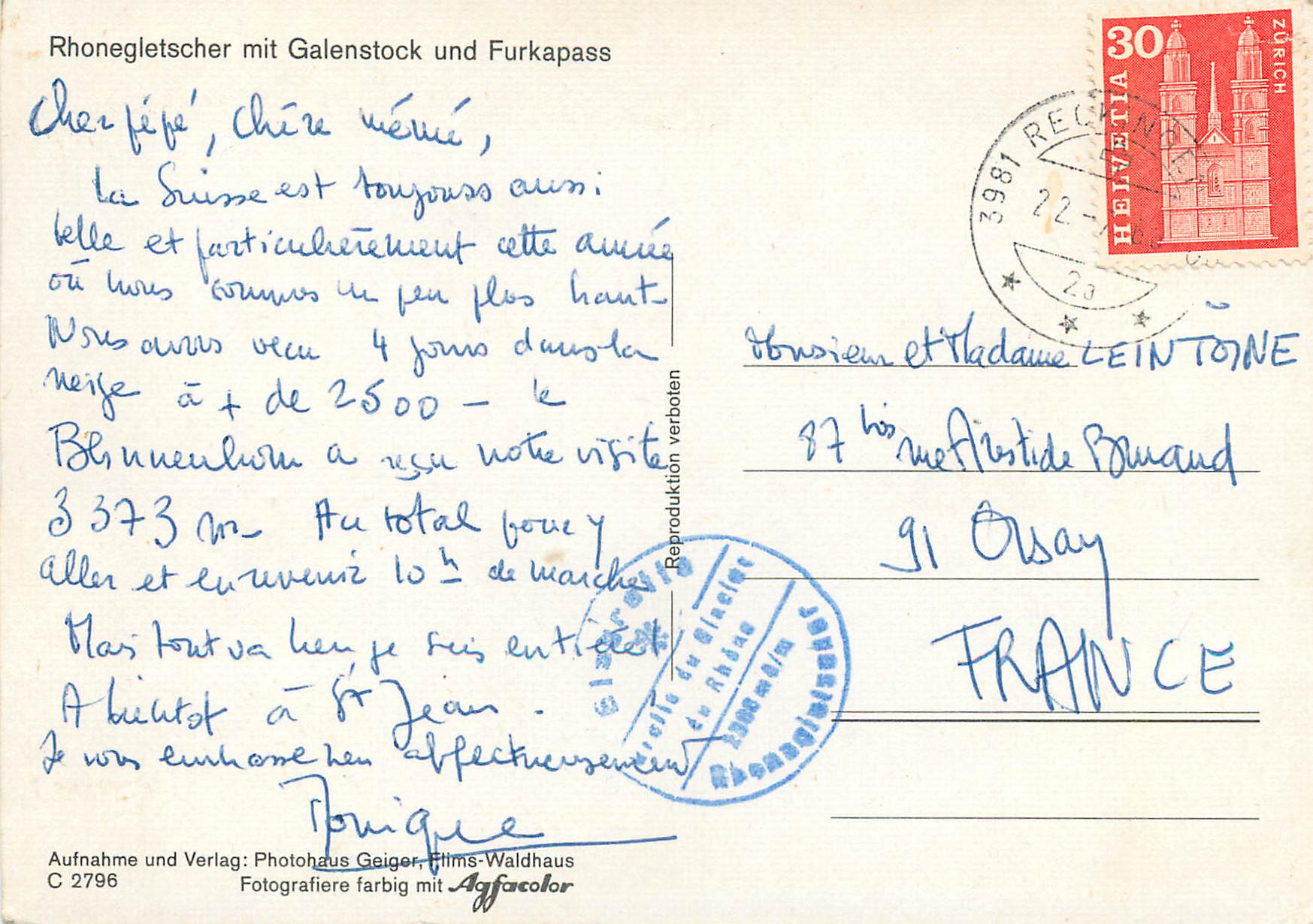 CPA Rhonegletscher mit Galenstock und Furkapass — Rückseite