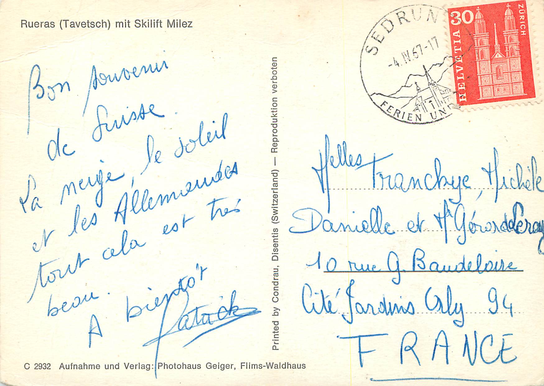 Rueras (Tavetsch) avec téléphérique — Photohaus Geiger, Flims-Waldhaus, n° C 2932 — Back
