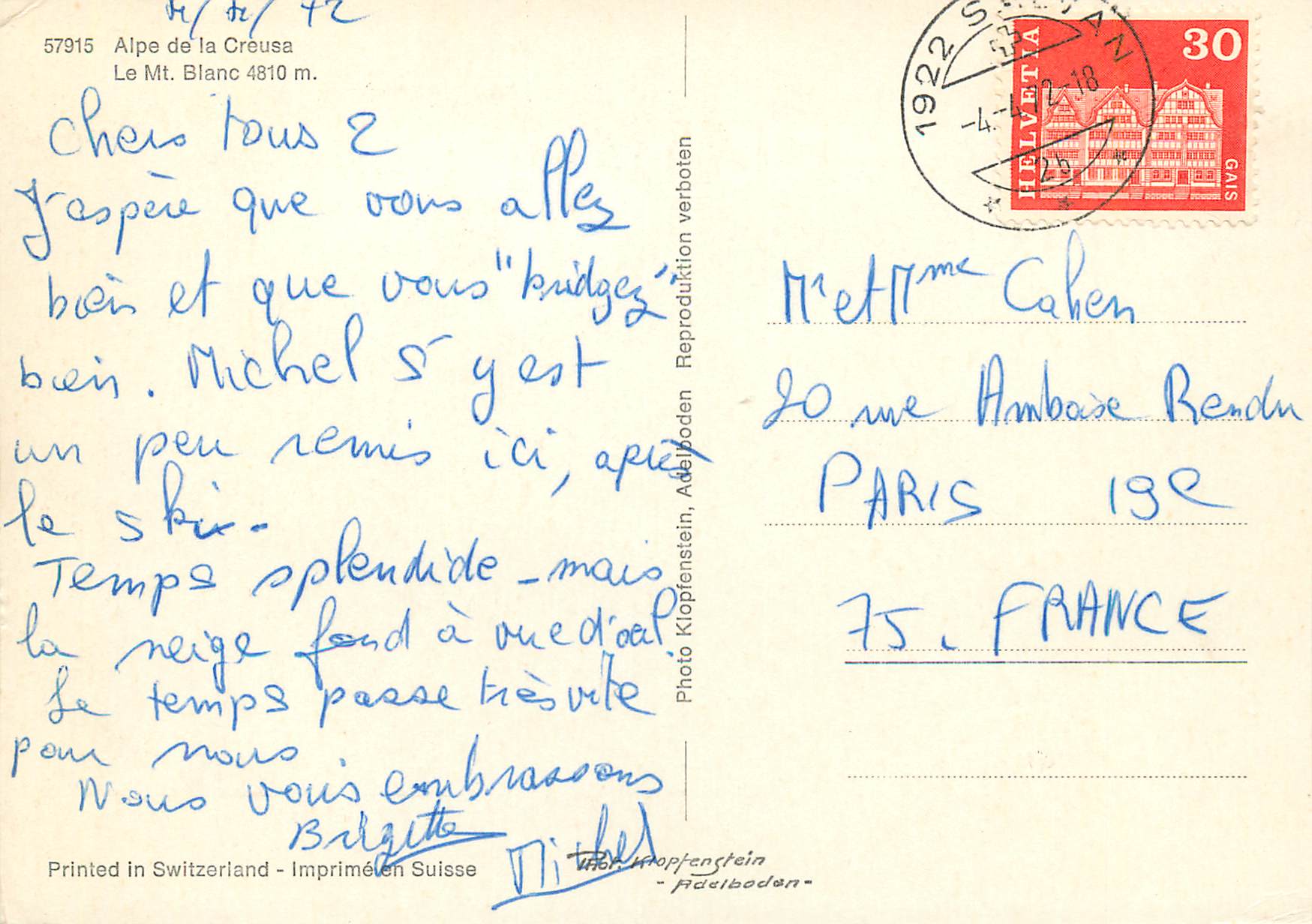 CPM Alpe de la Creuse Le Mt Blanc — Verso