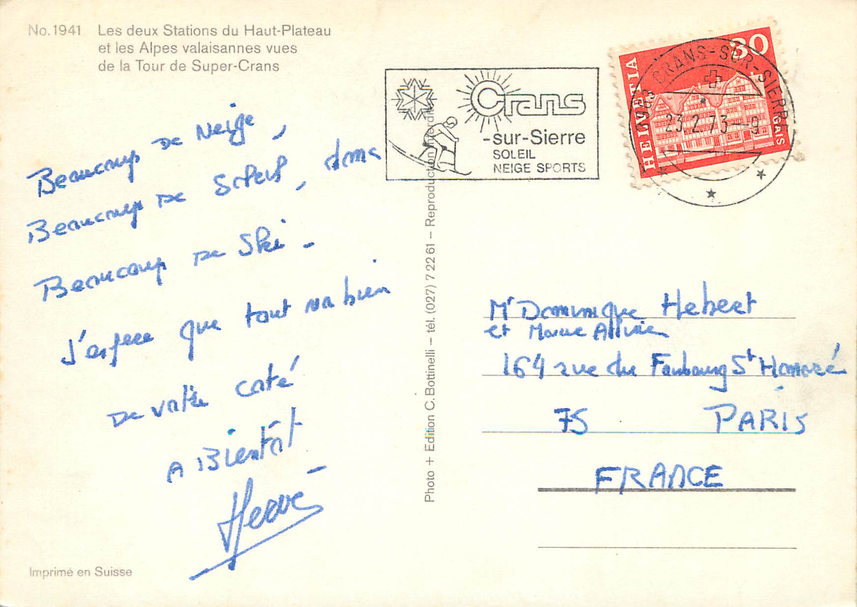 CPM Les deux Stations du Haut Plateau et les Alpes valaisanns vues de la Tour de Super Crans — Rückseite