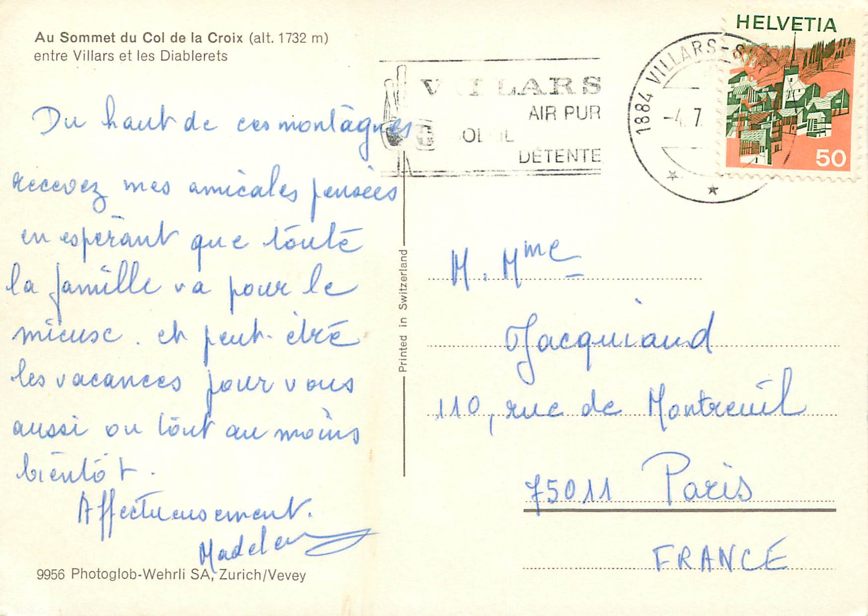 CPM Au Sommet du Col de la Croix entre Villars et les Diabelerets — Rückseite