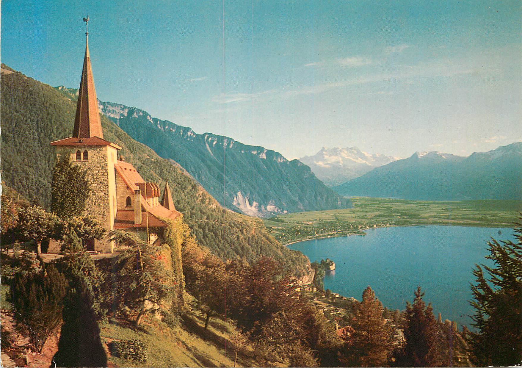 CPM Glion Montreux L Eglise de Glion et les Dents du Midi