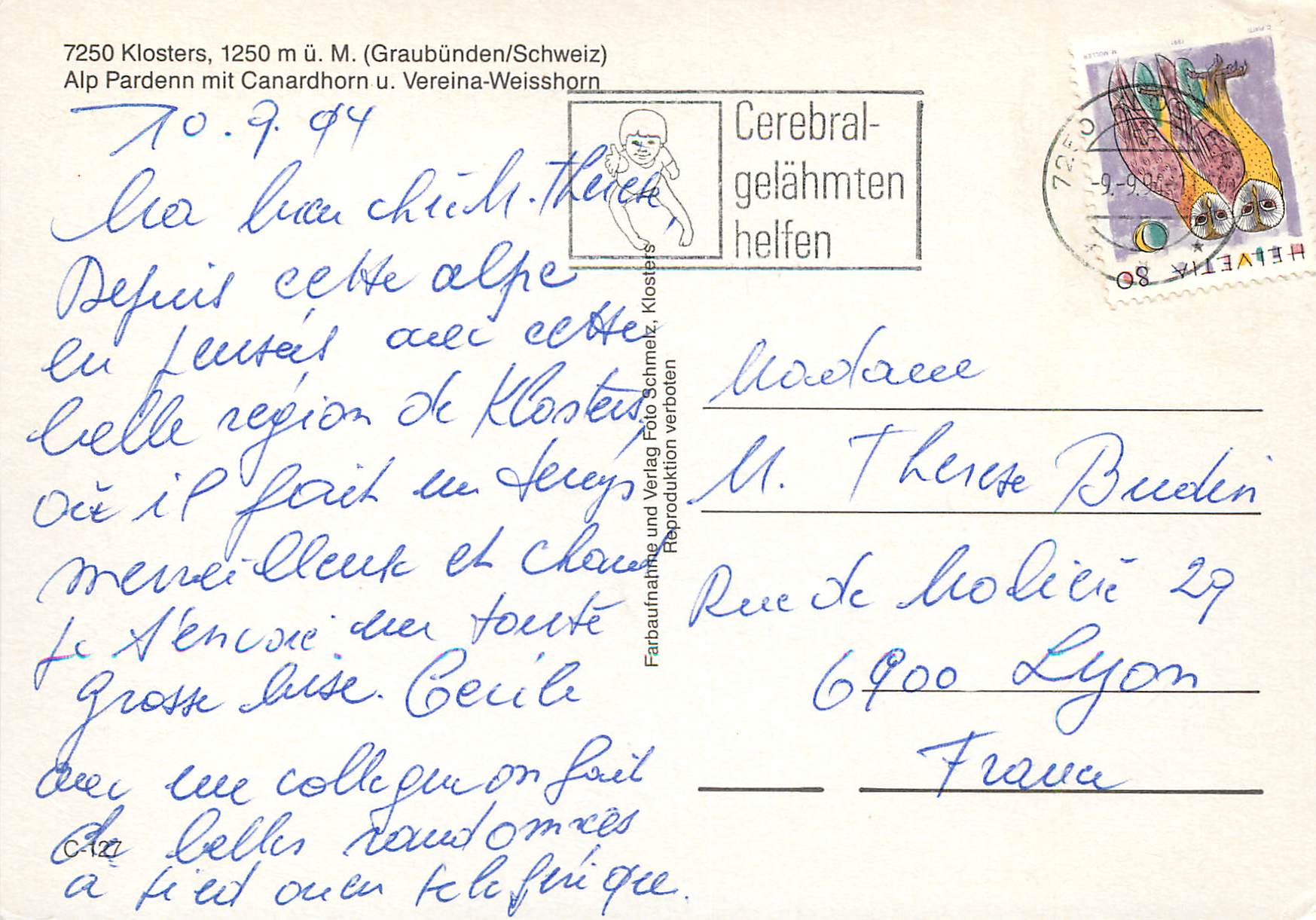 CPA Klosters Graubunden Schweiz Alp Pardenn mit Canardhorn Vereina Weisshorn — Rückseite
