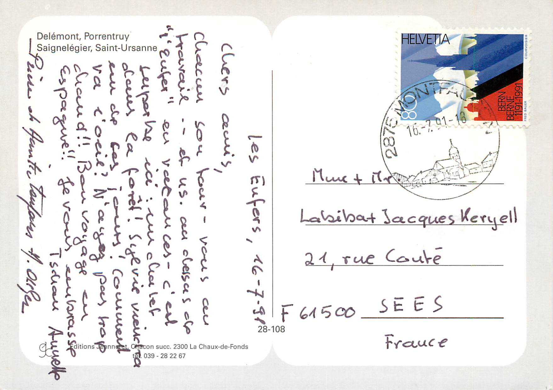 CPA Un bonjour du Jura Delemont Porrentruy Saignelegier Saint Ursanne — Rückseite