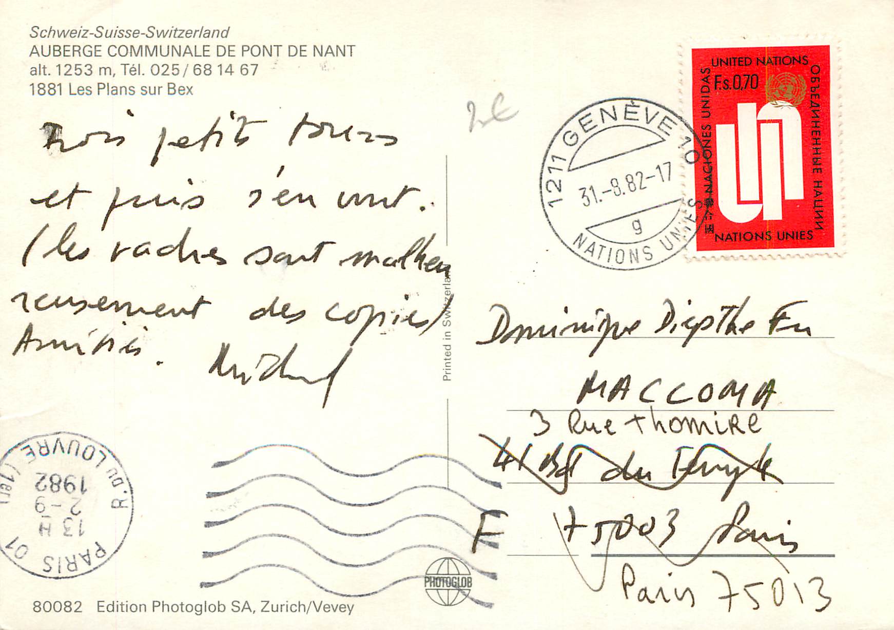 CPA Suisse Auberge Communale de Pont de Nant Les Plains sur Bex — Rückseite