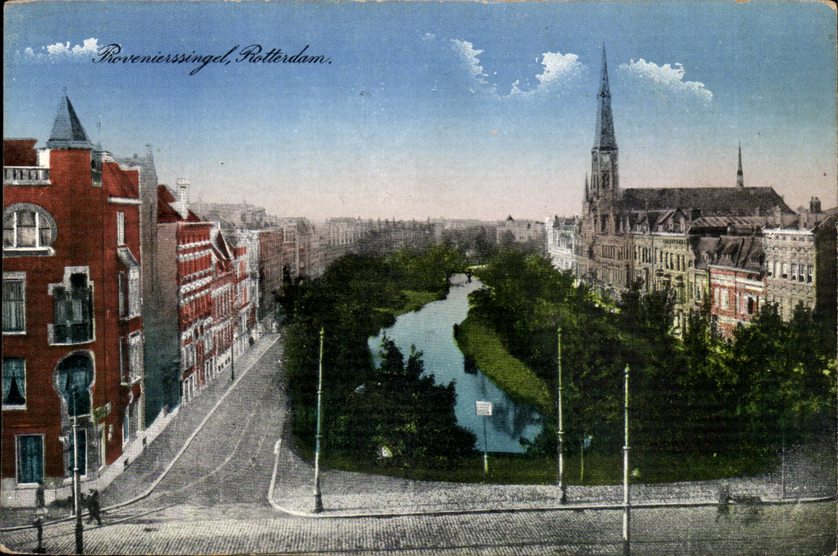 Provenierssingel, Rotterdam — vue de la rue et du canal avec église — éditeur non identifié
