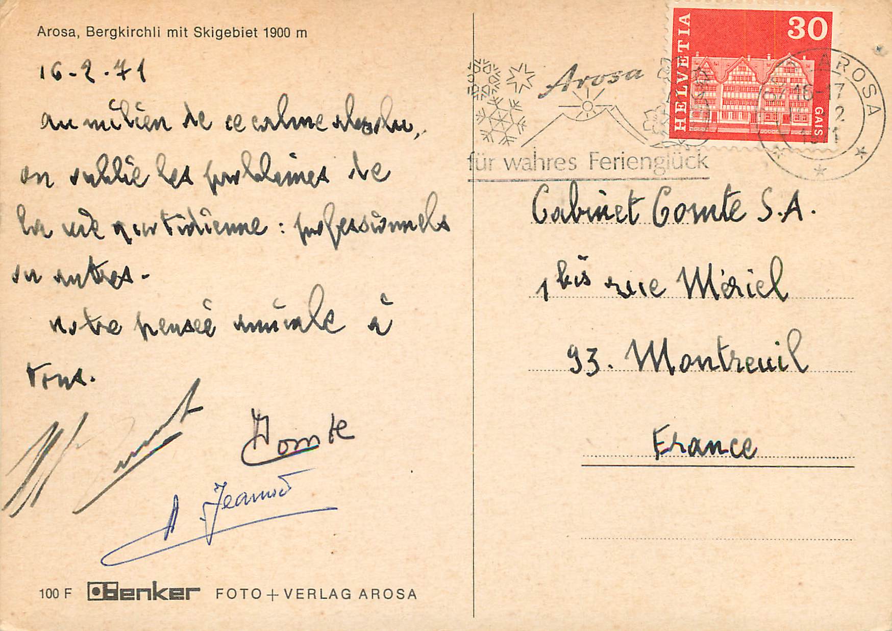 Arosa, Church with Ski Area 1900 m — Benker Photo + Verlag Arosa — Back