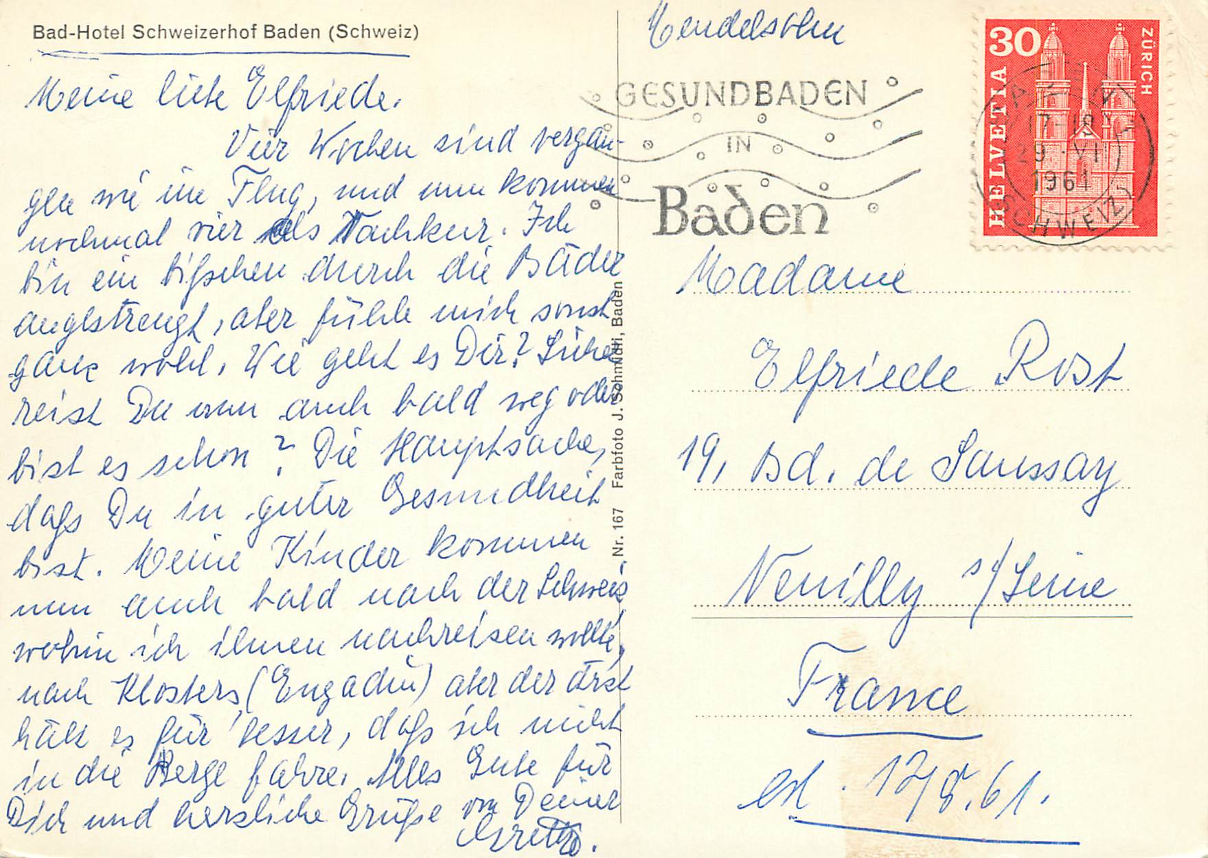 CPM Bad-Hotel  Schweizerhof Baden — Rückseite