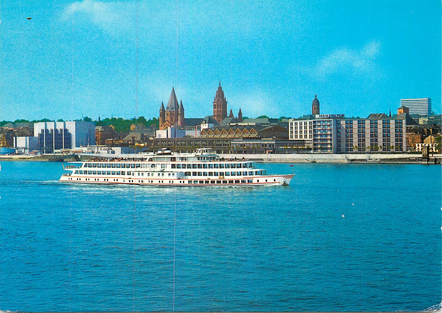 Mainz am Rhein — vue du Rhin avec bateau et hôtel MainHilton — éditeur Johann Hinkel Verlag, n° 9650.578