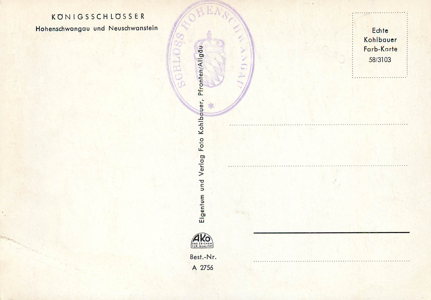 CPM Neuschwanstein castle and Hohenschwangau — Rückseite
