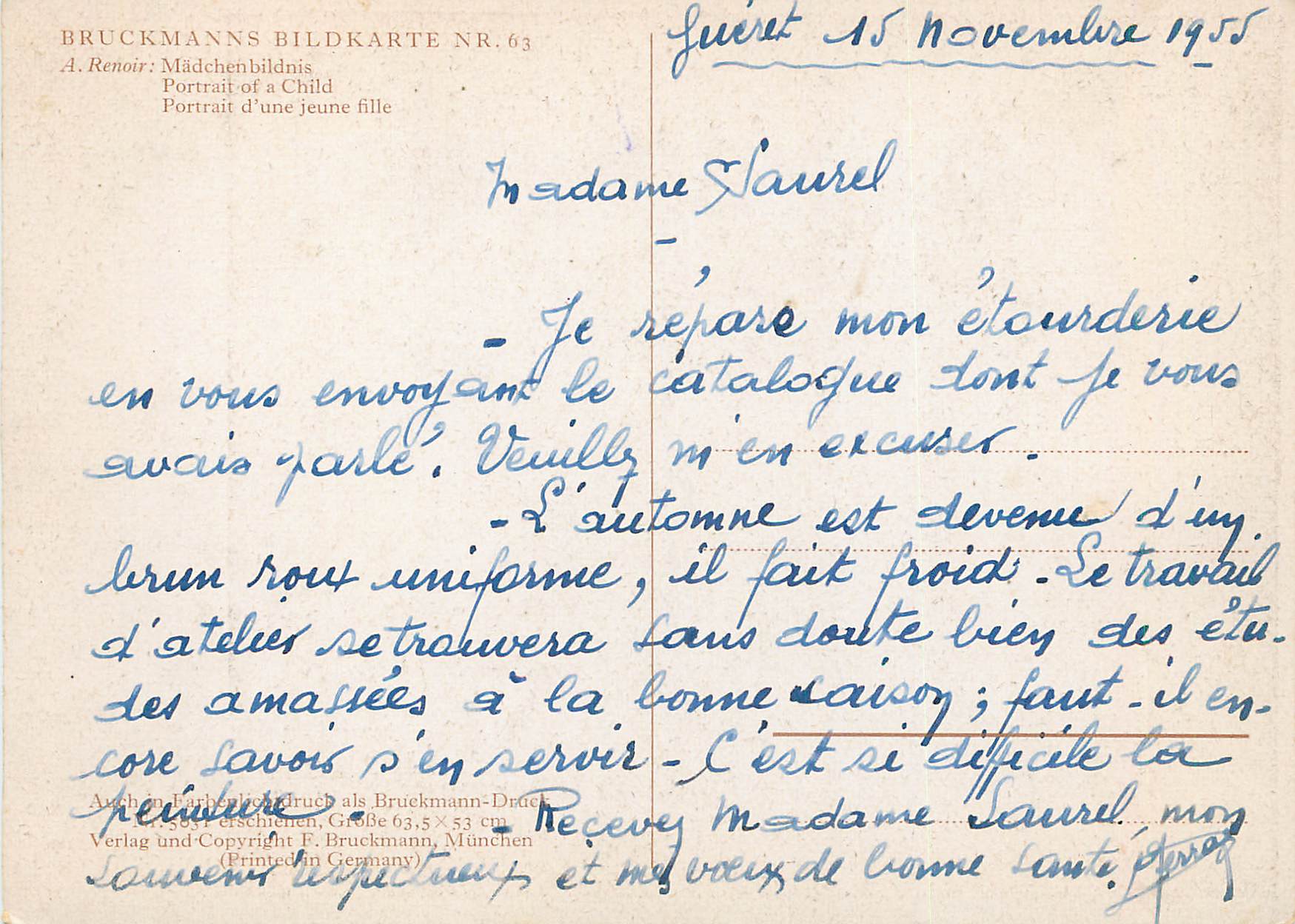 Fille au ruban rouge — portrait de Renoir — Bruckmann, N°63 — Verso