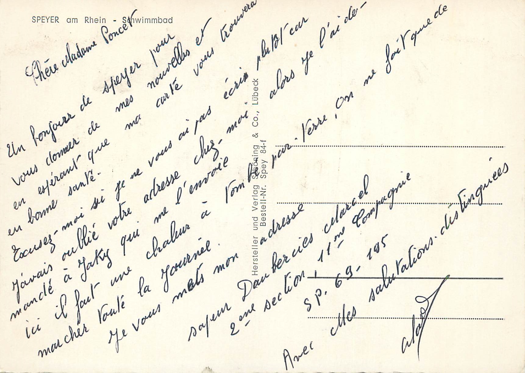 SPEYER am Rhein — Schwimmbad — Hersteller und Verlag Dauerkling & Co., Spey 84-1 — Verso